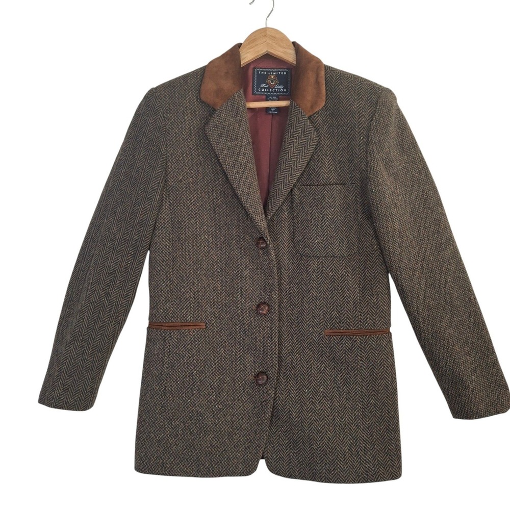 The Limited Brown Herringbone Wool Blend Blazer Small Suede Collar Petite P